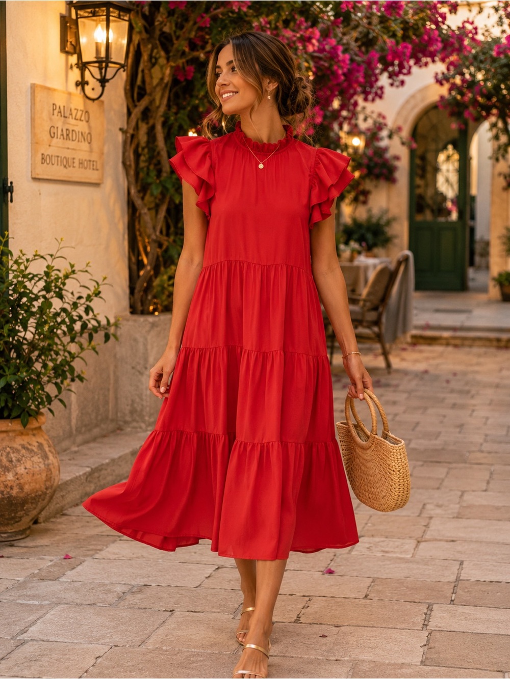 NWT Pinch Red Tiered Ruffle Midi Dress Size S High Neck Flutter Sleeve
